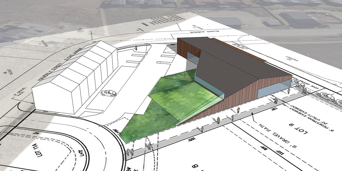 3D massing concept, slowing sledding hill built into library (option 1)