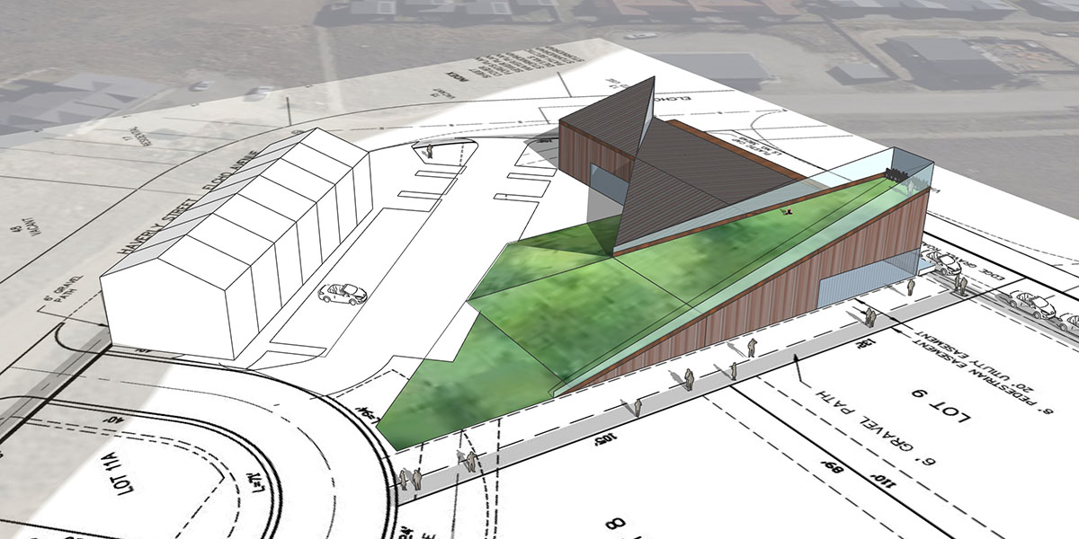 3D massing concept, slowing sledding hill built into library (option 3)