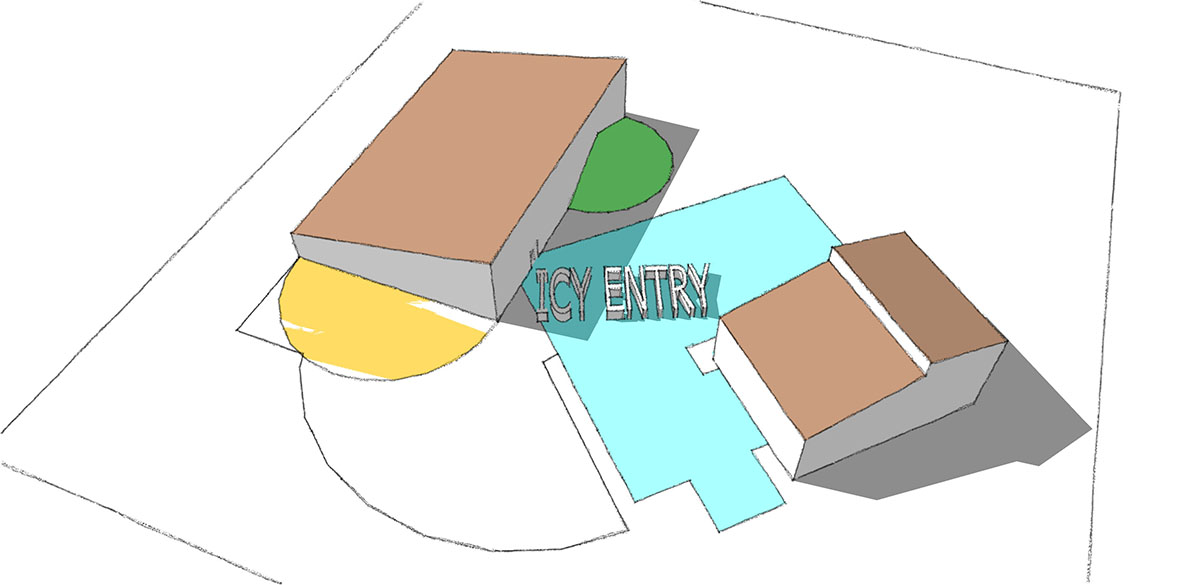 Site massing option 1, showing library and affordable housing