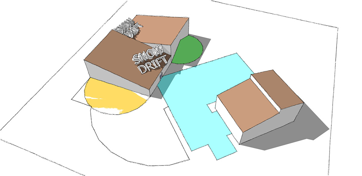 Site massing option 3, showing library and affordable housing