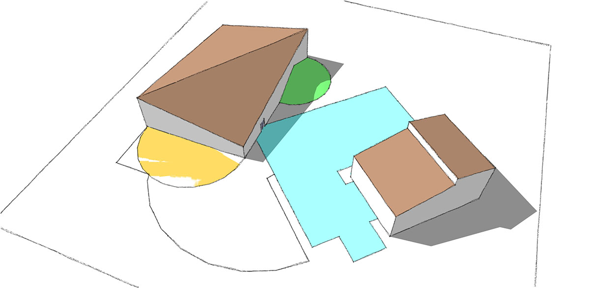 Site massing option 4, showing library and affordable housing